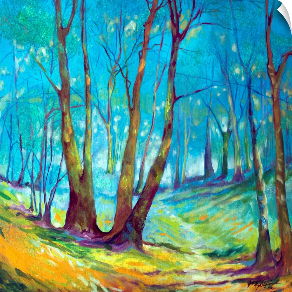 Painting of a mystical wooded walking path with a misty haze and distant wanderings on a square background.