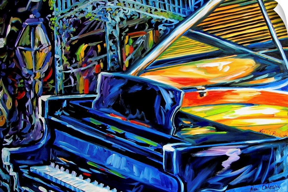 This is a painting of a grand piano with the New Orleans jazz feeling of fun.