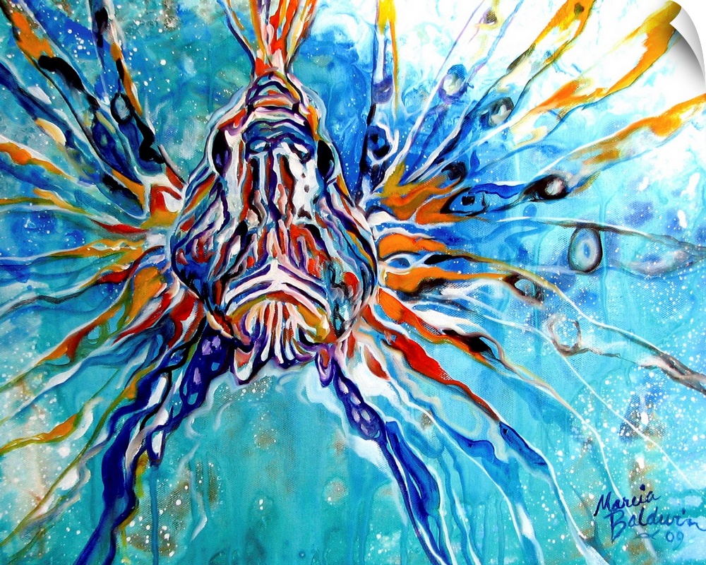 This oil painting depicts an abstract composition of a lion fish in aqua blue waters.