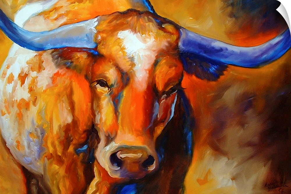 Contemporary painting of a longhorn made with warm hues and cool blues on the horns and throughout the body.