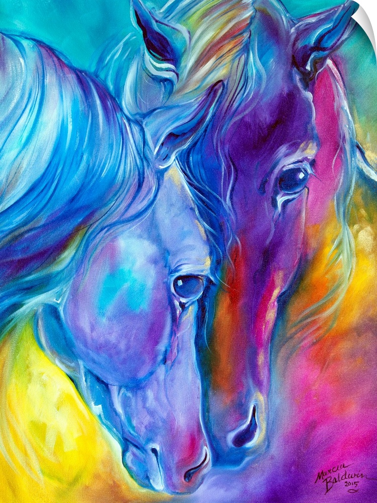 Vibrant painting of two horses pressing their noses together in blue, purple, pink, orange, and yellow hues.