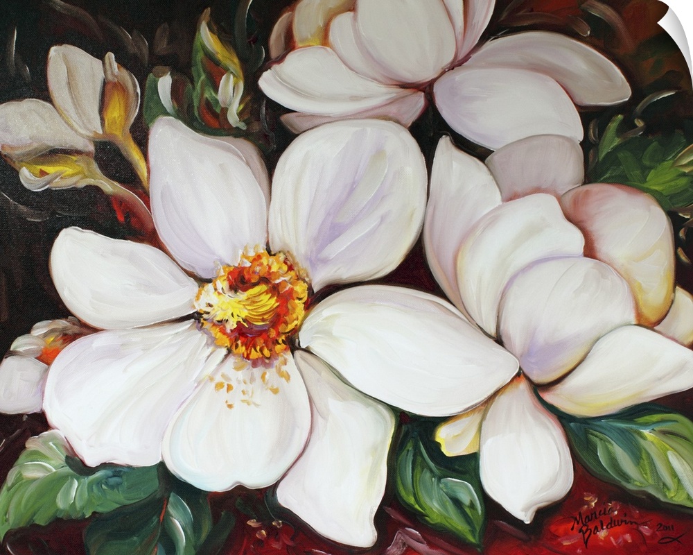 Contemporary painting of white magnolia flowers with a red and green background.