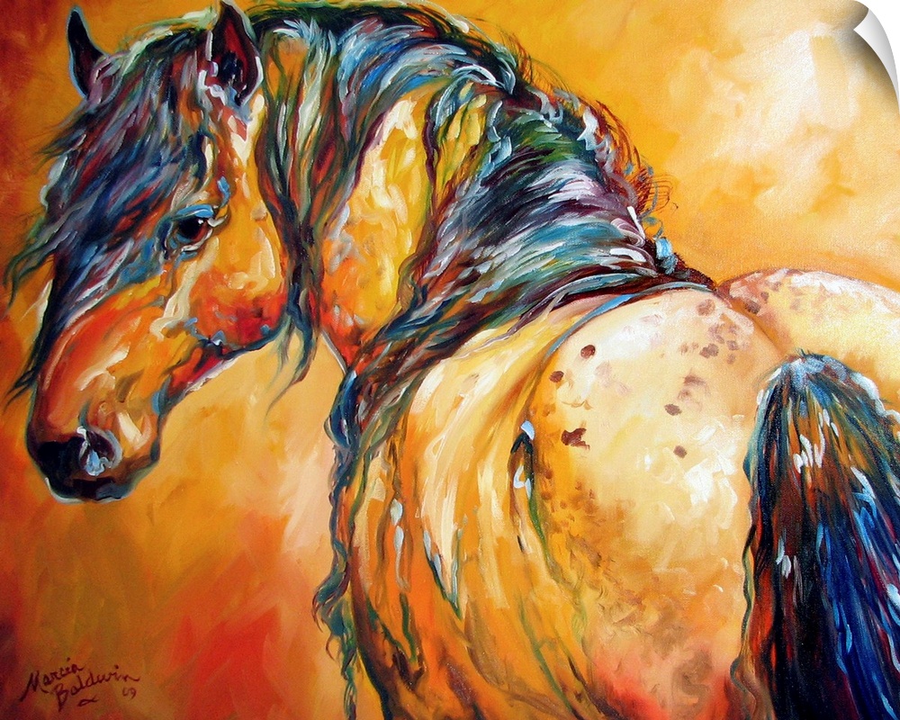 Contemporary painting of horse in warm orange, yellow, and red tones with cool colors in its mane.