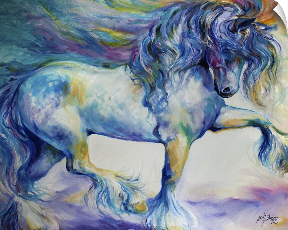 The Gypsy Vanner Horse In Motion With Bold Brush Work And Exciting Color Hues Of Blue And Violet.