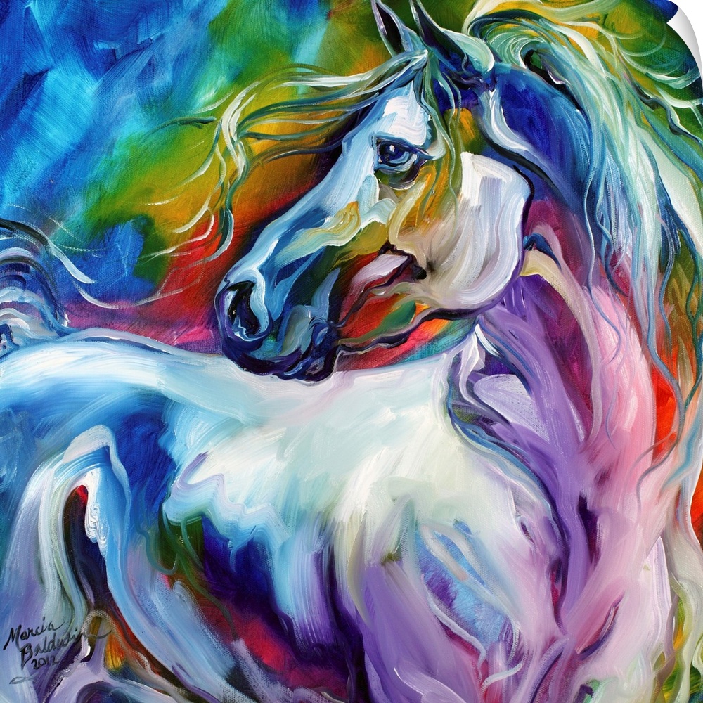 Square painting of a horse made up with rainbow colors.