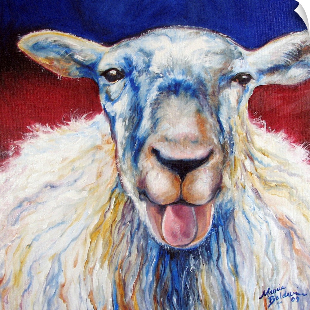 Square painting of a sheep with its mouth open and tongue sticking out and a red and blue background.