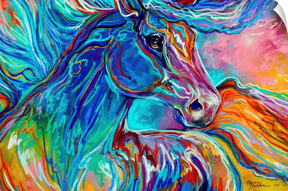 Abstract painting of a horse with its mane and tail flowing around the canvas in vibrant colors/