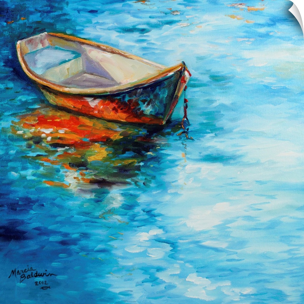 Square painting of a waterscape with a single boat anchored on the side and reflecting into the water.