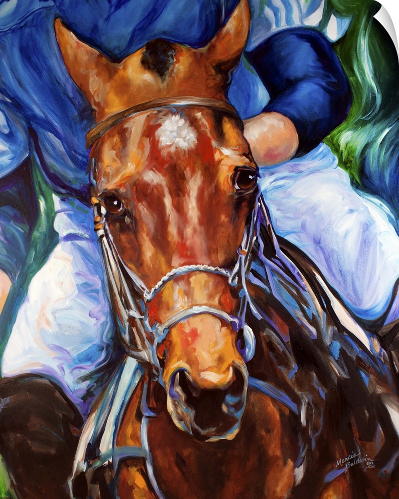 Contemporary painting of a polo horse in action with a rider in blue on its back.