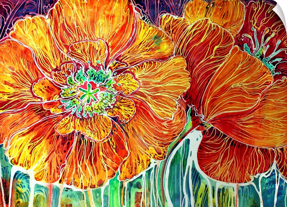California wild poppies, captured on canvas using the exciting technique of Batik and watercolor.