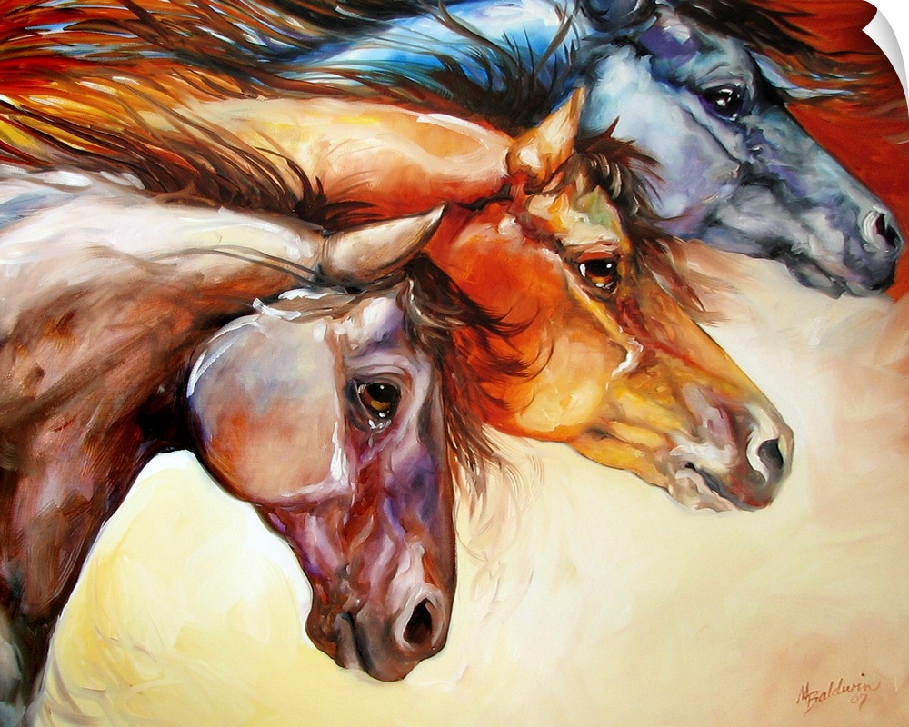 Contemporary painting of three different colored horses moving together, displaying power and strength.