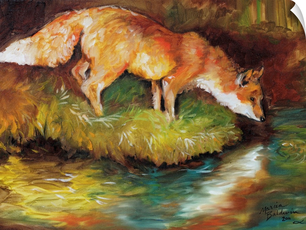Contemporary painting of a fox about to drink from a flowing river, created with an impressionistic look.