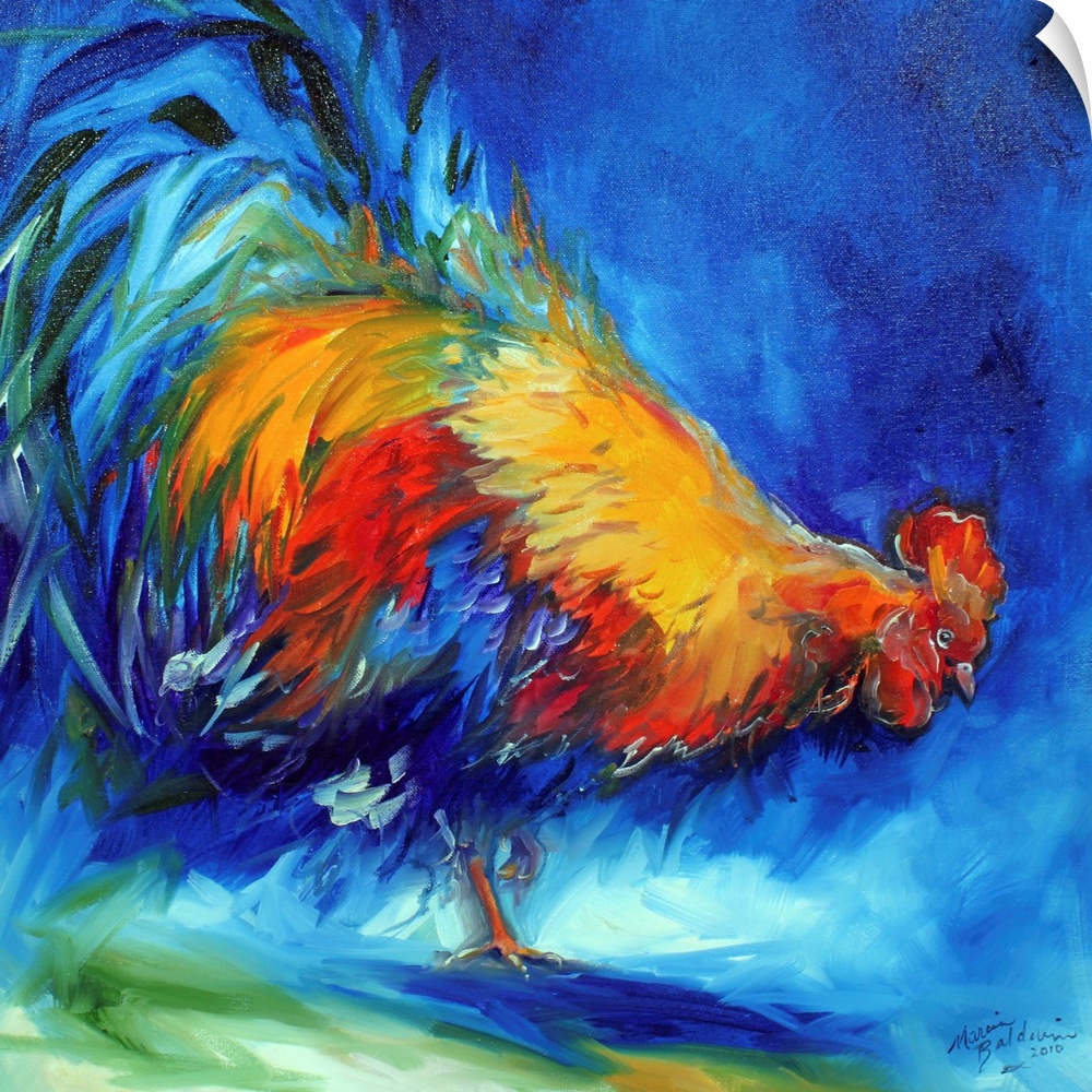Square painting of a colorful rooster created with vibrant blue, red, and gold hues.