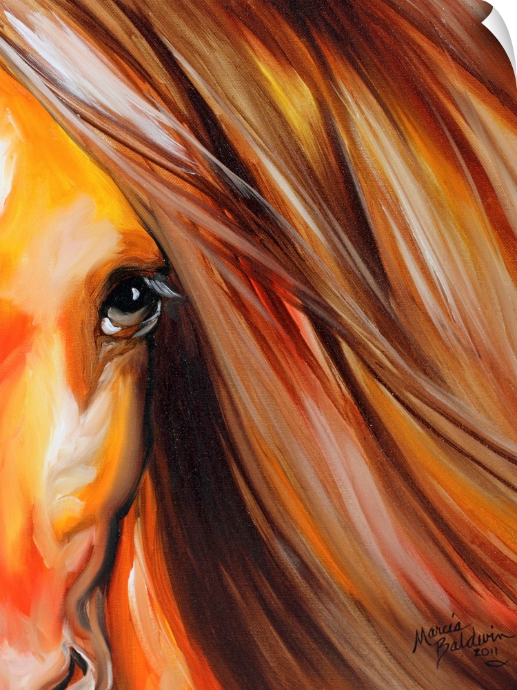 Contemporary painting of half of a horse's face with its beautifully flowing mane on the side.