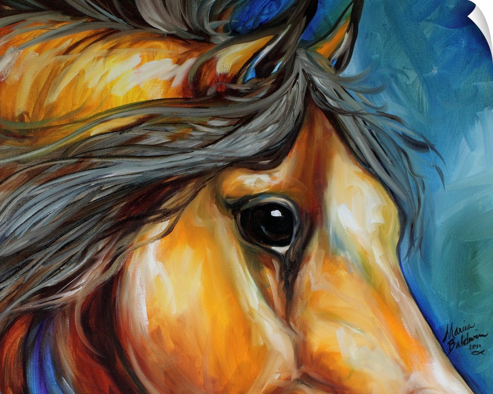 Contemporary painting of a brown horse with a black mane on a background made with shades of blue.