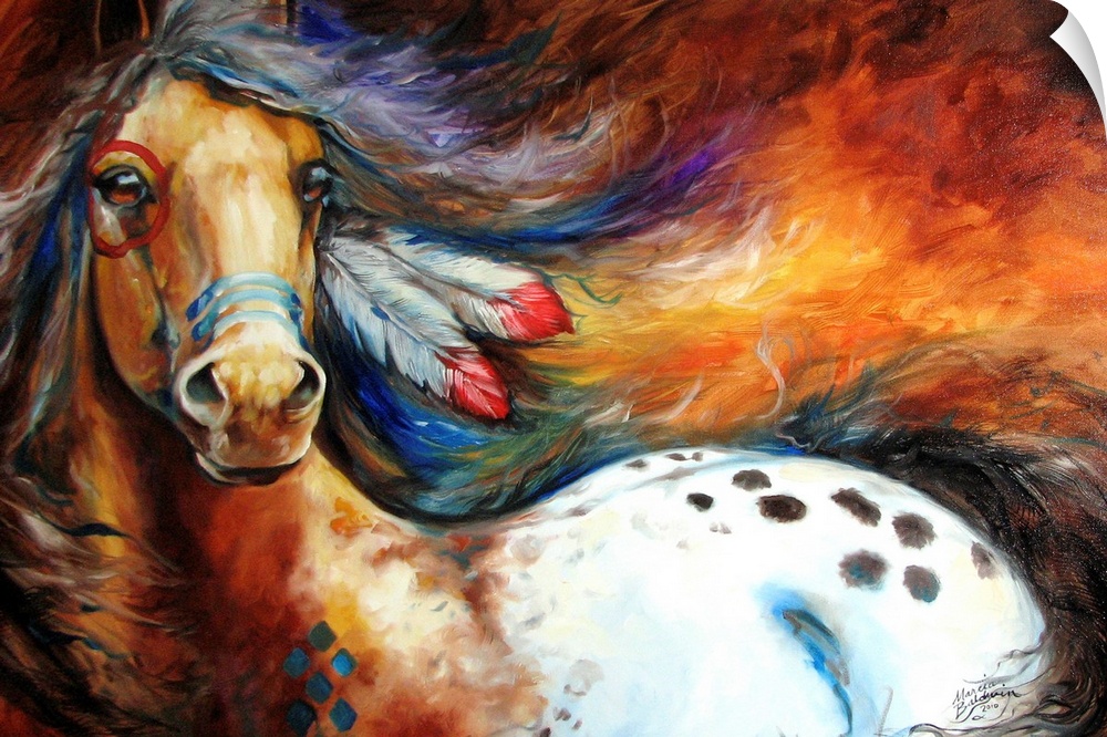 Contemporary painting depicting the bold spirit of the equine appaloosa with feathers in its mane and war paint all over i...