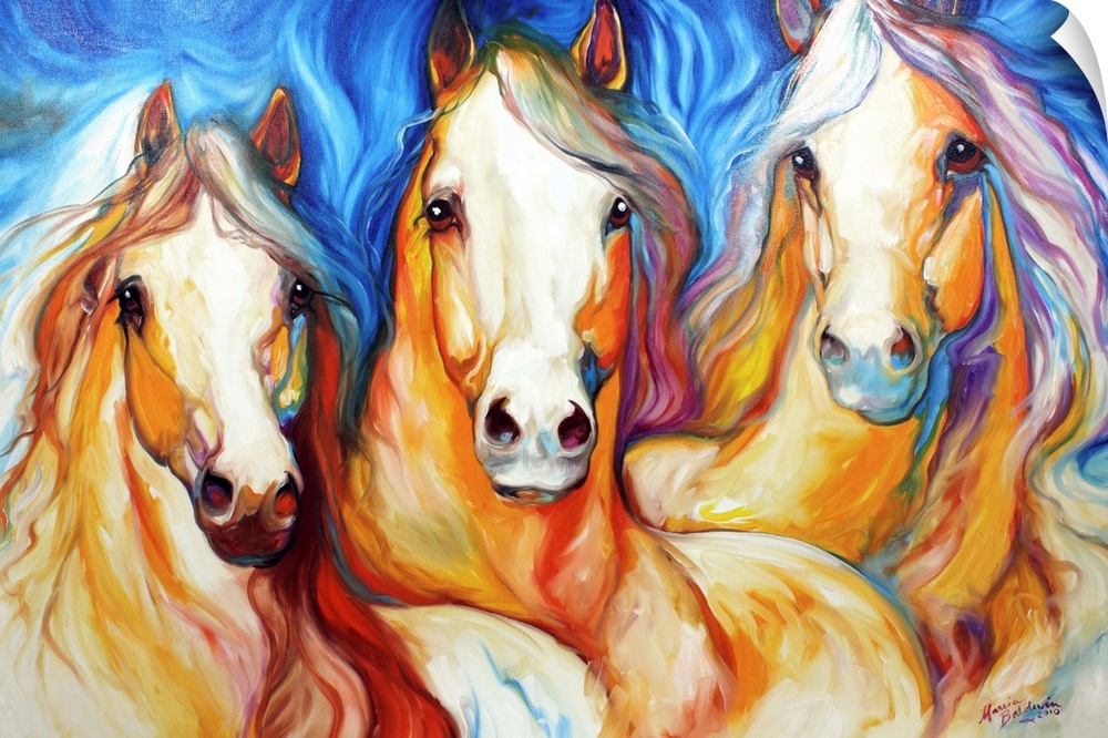 Contemporary painting of three light brown horses with flowing manes on a blue background.