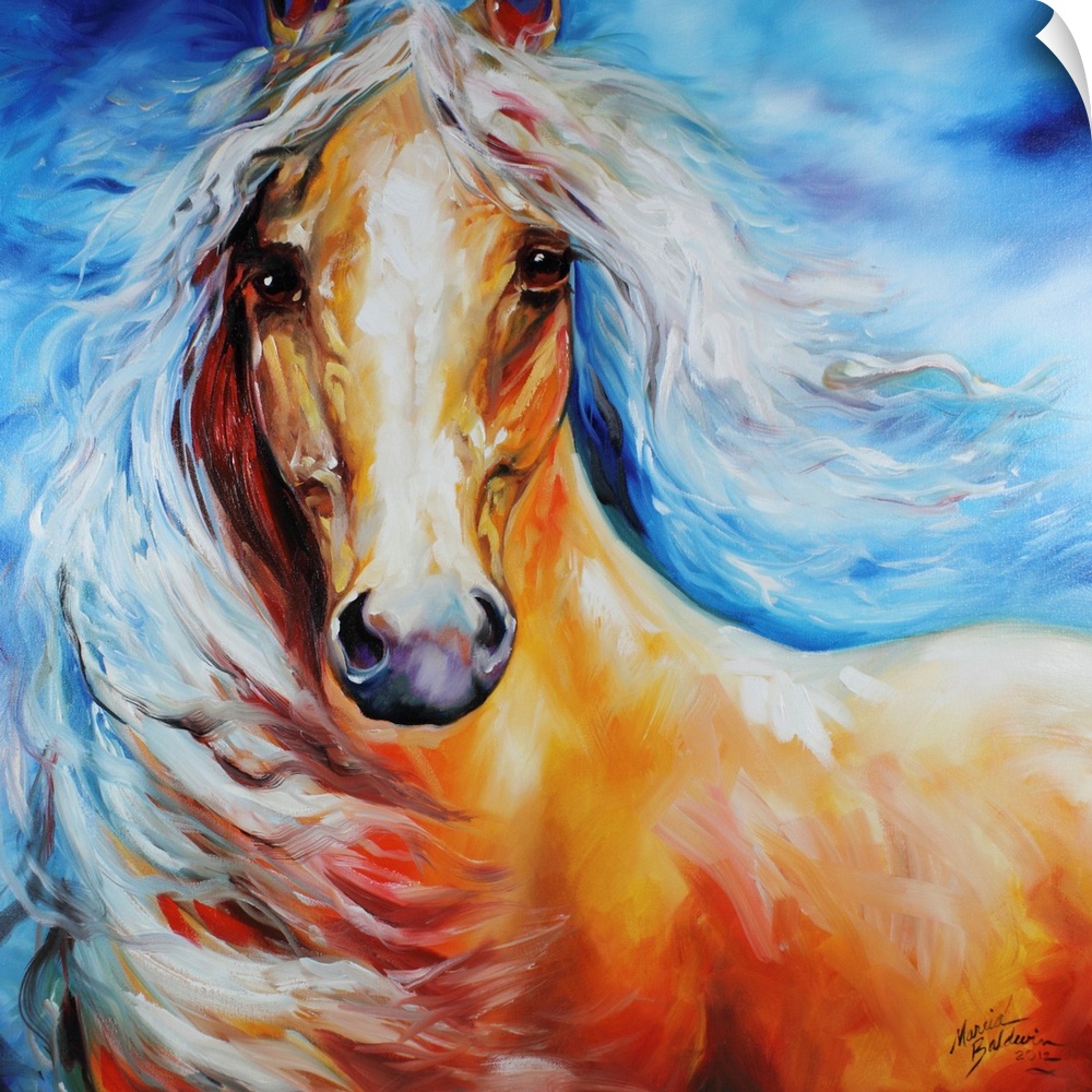 Painting of a horse with a white flowing mane on a square blue background.