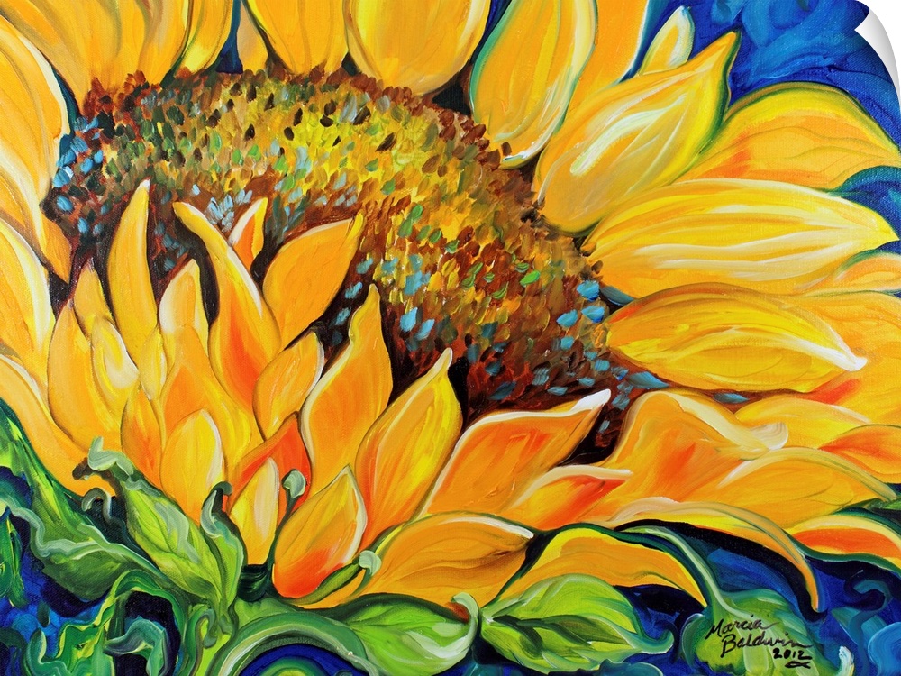Contemporary painting of a sunflower up close on a blue background.