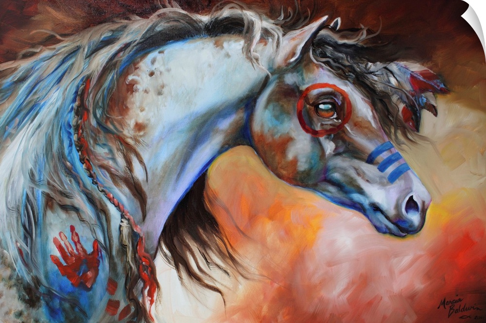 Contemporary painting of an Indian War Horse with red and blue body paint and flowers in its mane on an abstract backgroun...