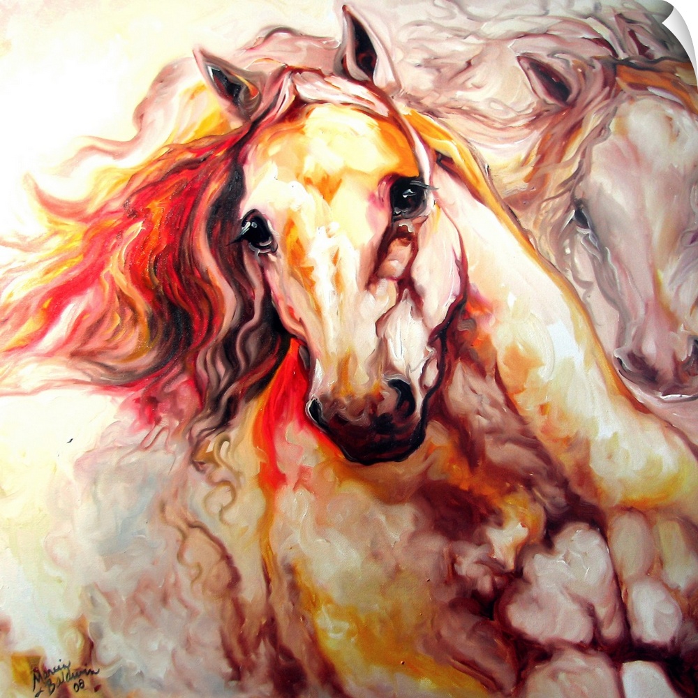 Square abstract painting of two horses in motion in warm hues.