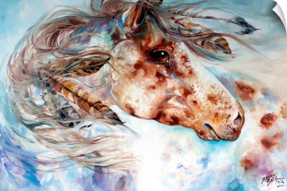 Contemporary painting of an Appaloosa Indian War horse with feathers in its mane on a pastel colored background.
