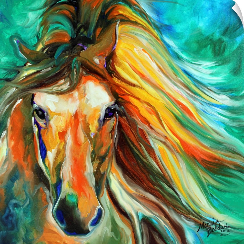 Square painting of a horse with fierce eyes and a flowing mane on a green and blue background.