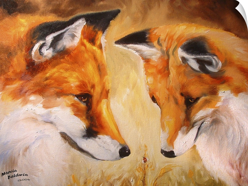 Contemporary painting of two foxes looking down at a tiny lady bug, created with warm hues.