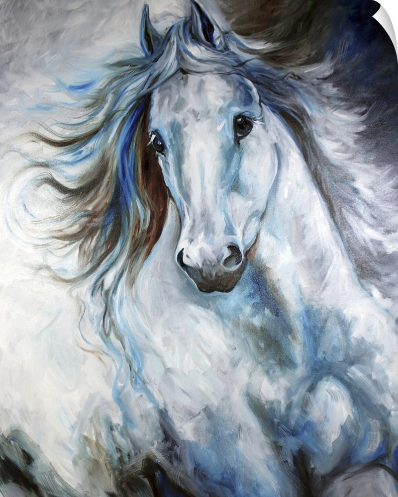 Contemporary painting of a cool-toned white, blue, and gray Arabian horse in action.