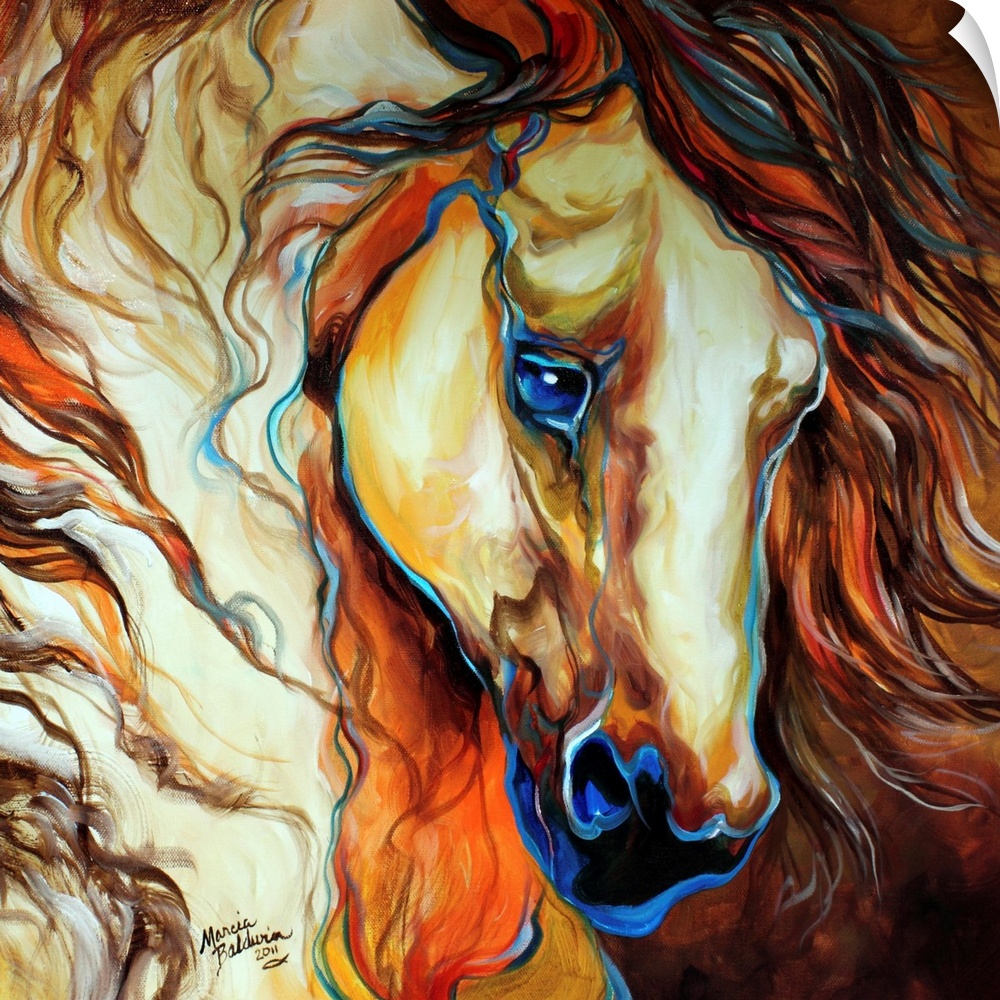Square painting of the Buckskin in warm hues with hints of cool blue throughout.