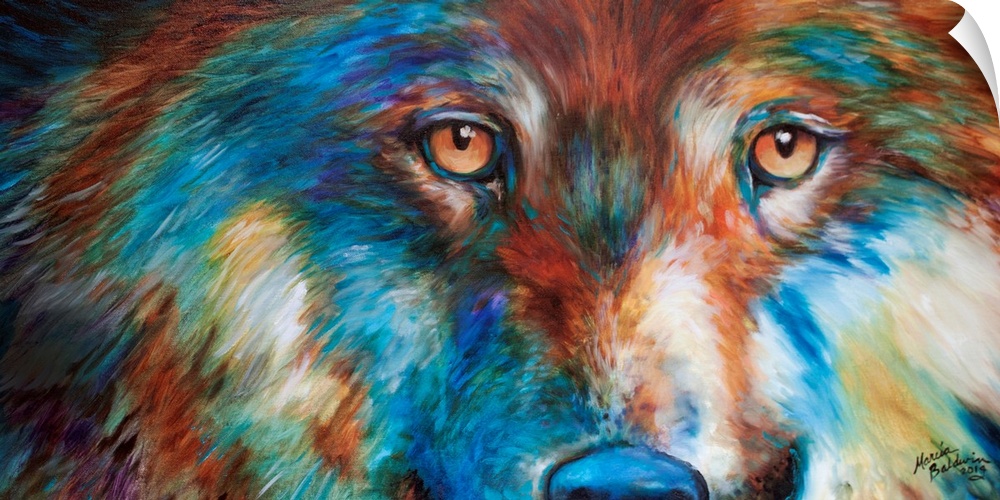 Colorful painting of a wolf's face up close in red, orange, yellow, blue, purple, and green hues.