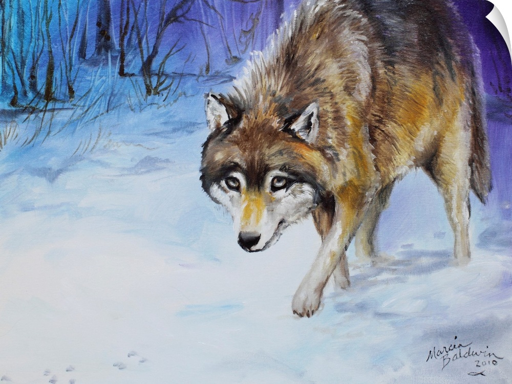 Contemporary painting of a lone wolf in snow scene, tracking his prey in cool tones.