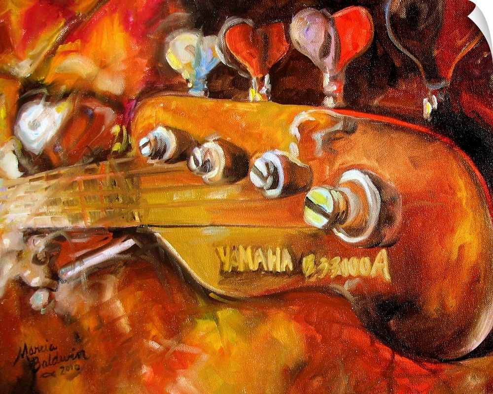 Contemporary painting of the headstock of a Yamaha bass guitar in warm tones.