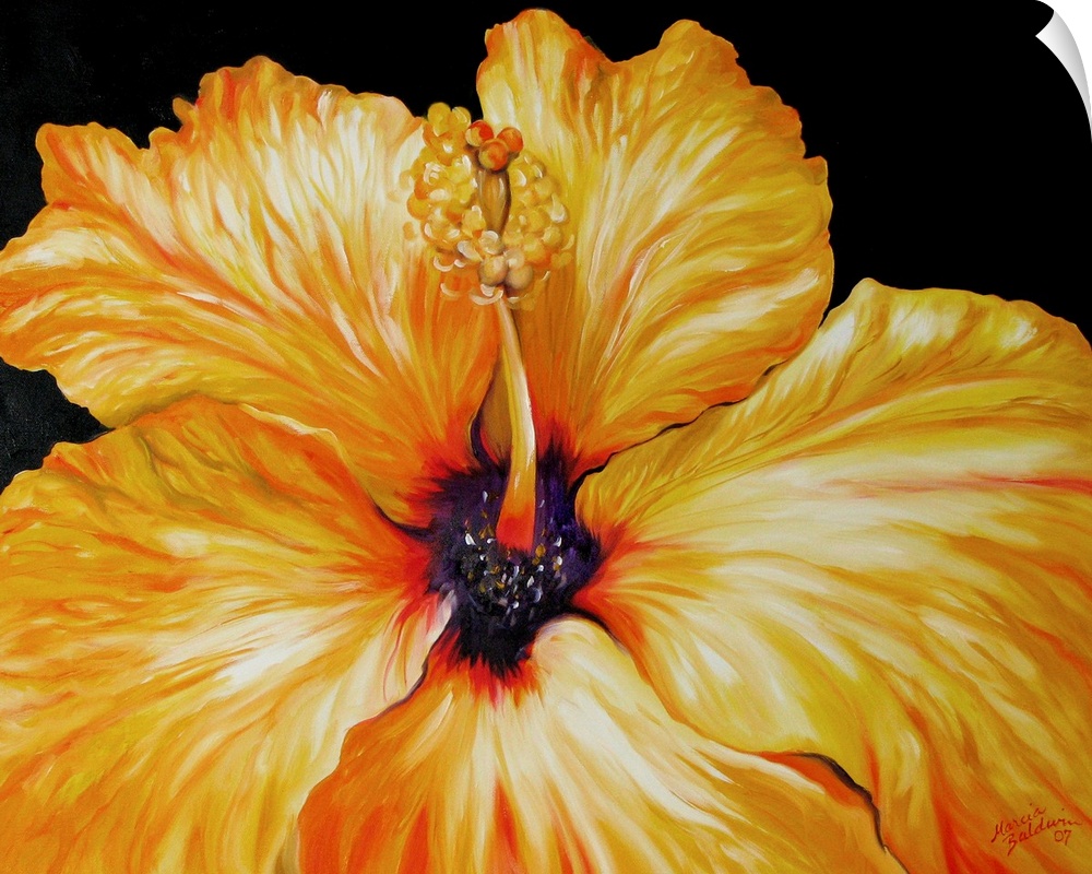 Close-up painting of a yellow hibiscus flower on a black background.
