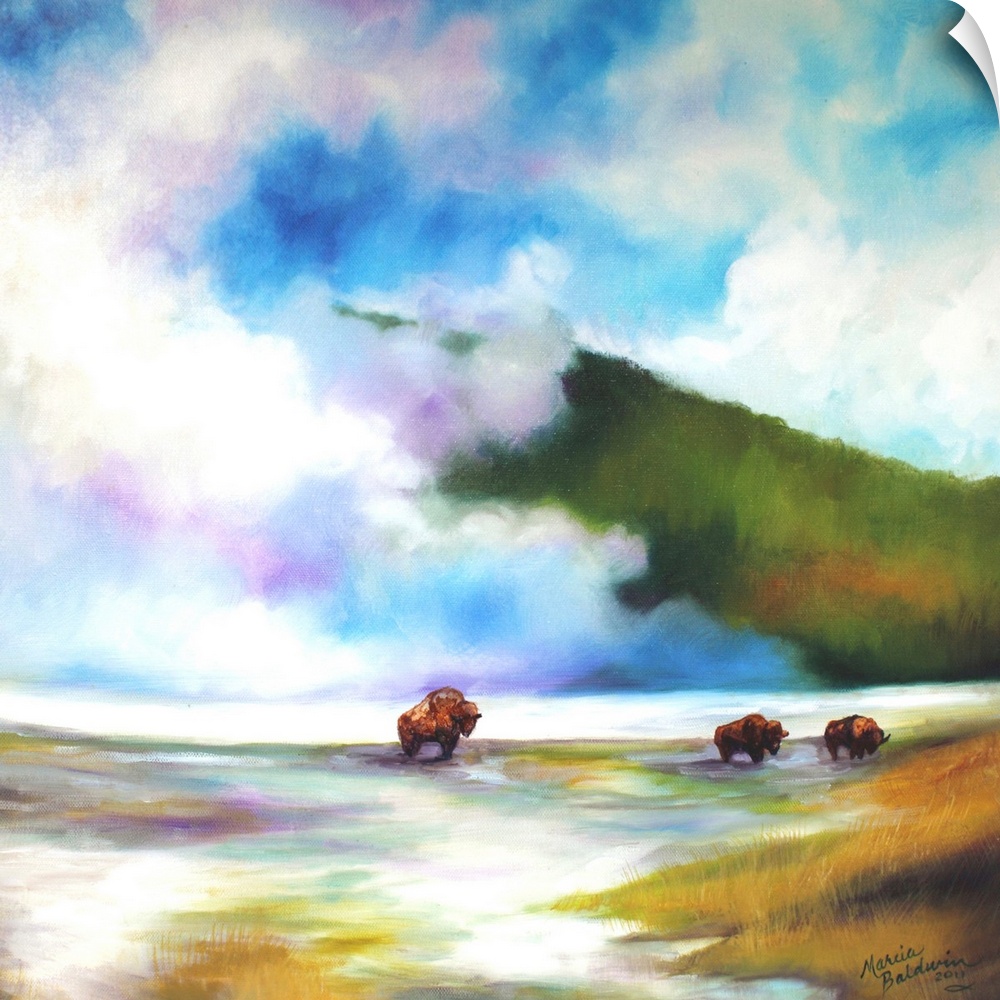 Contemporary painting of three buffalo roaming in Yellowstone National Park with heavy fog in the background.