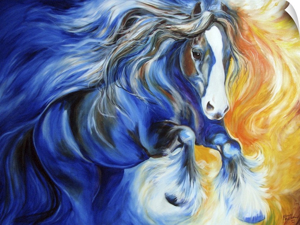 Contemporary painting of a blue, white, and brown horse in action with a yellow, orange, and red swirly background on the ...