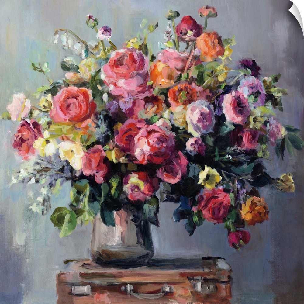Contemporary still-life painting of a bouquet of colorful flowers.