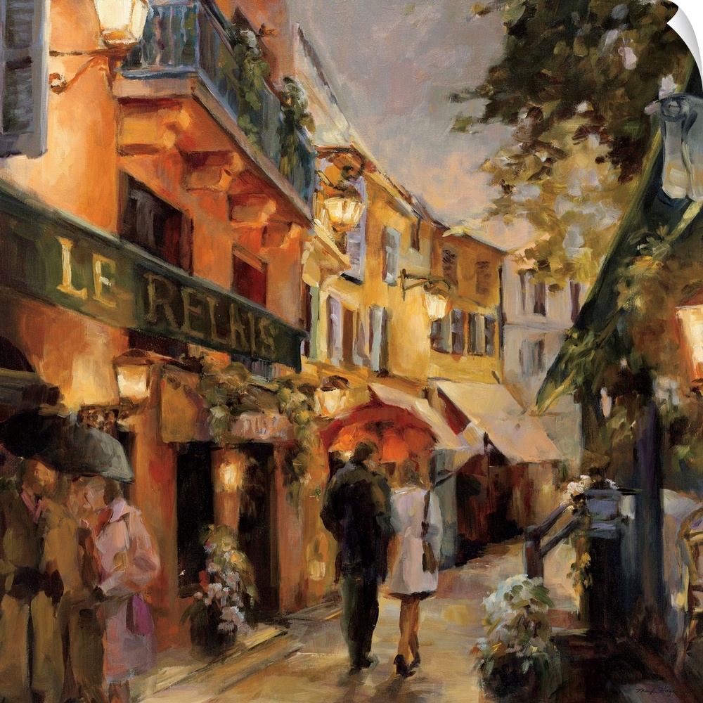 Contemporary painting of a street scene with a couple walking.