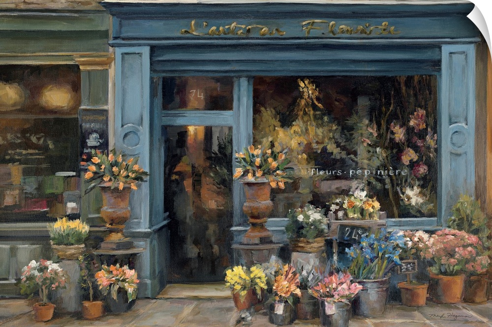 This contemporary painting depicts a French flower shop surrounded with buckets crowded with fresh blossoms.