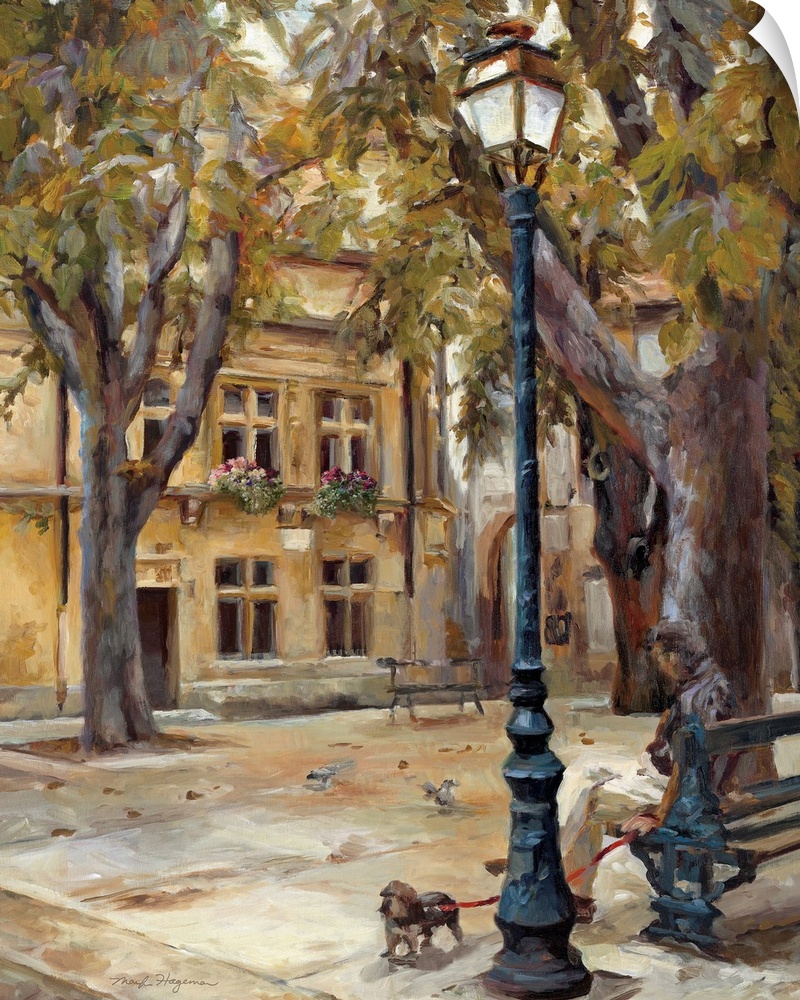 Painting of a man sitting on a bench with his small terrier on a leash looking around a park lamp, large trees framing the...