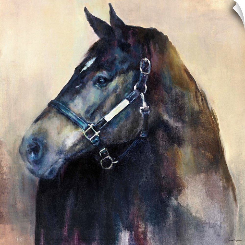Contemporary painting of a dark horse with cool hues.