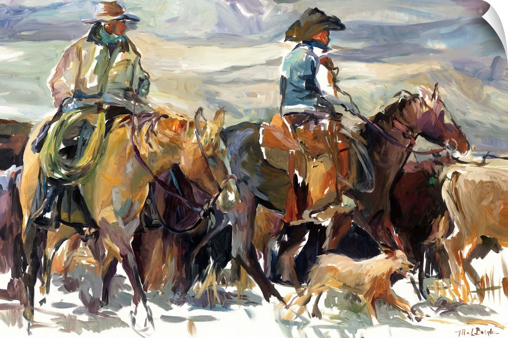 Cowboys on horseback fording cattle through a river.