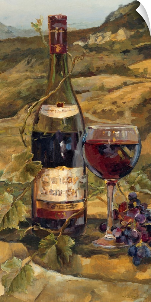 Panoramic contemporary art showcases a bottle and glass of wine surrounded by a vine and group of grapes sitting on a rock...
