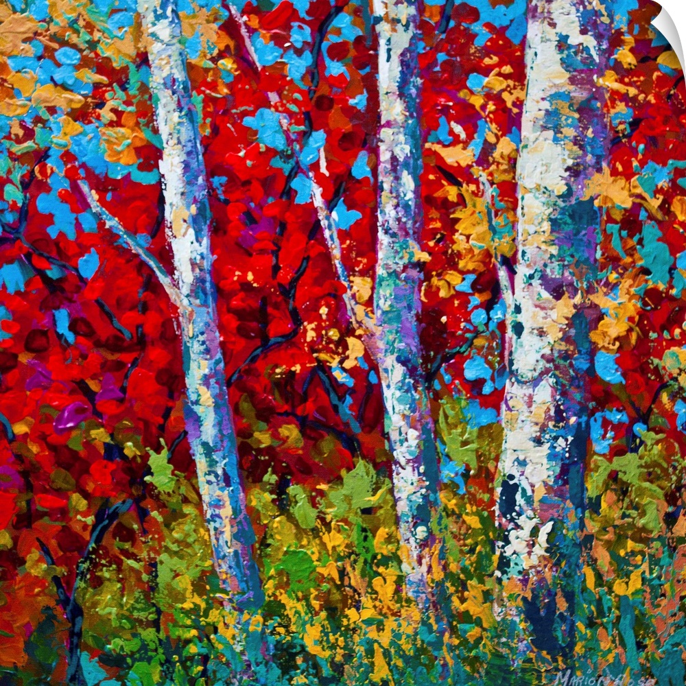 Contemporary painting by Marion Rose of three trees with bright autumn leaves on a sunny fall day.