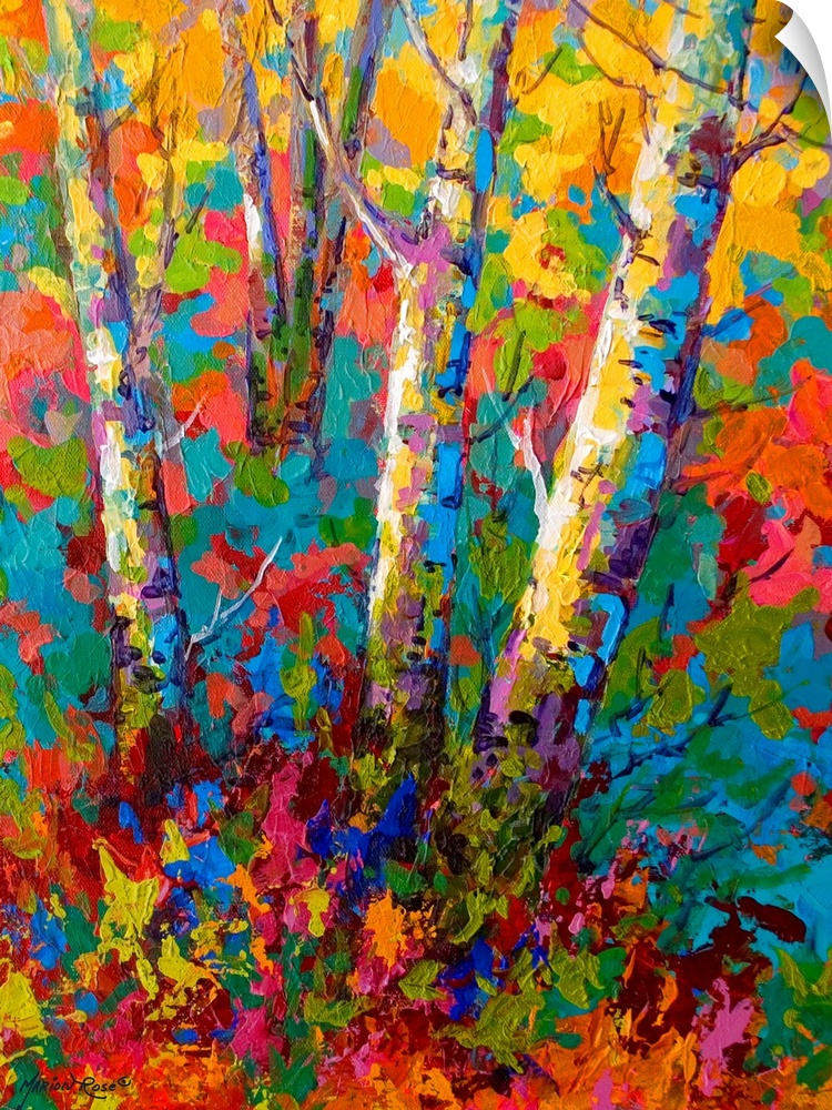 Large contemporary art depicts the bases of a few bare trees surrounded by a vibrantly colored background composed of vari...