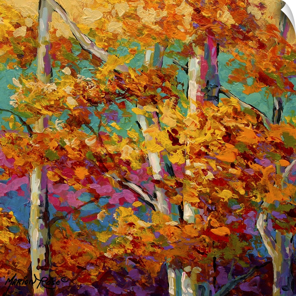 Contemporary abstract painting of forest with trees covered in bright colorful fall foliage with visible brush strokes.