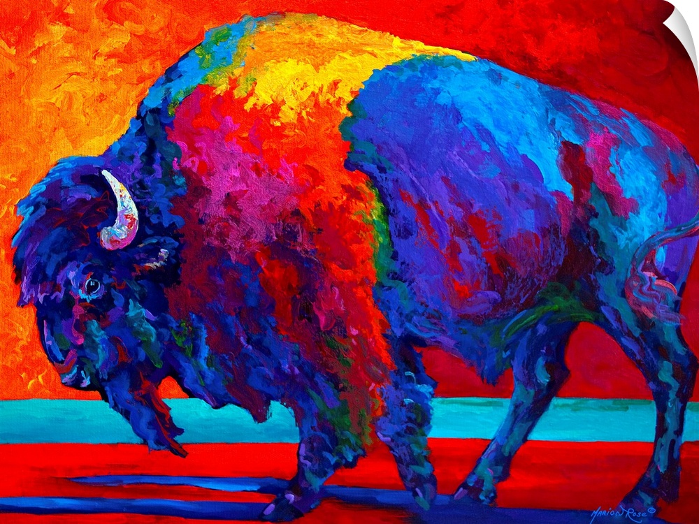 Giant contemporary art focuses on the profile of a lone humpbacked shaggy-haired wild ox through the heavy use of vibrant ...