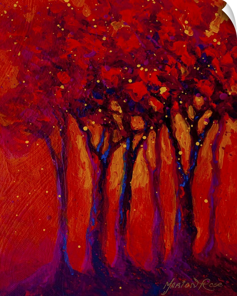 Contemporary abstract painting of tree silhouettes with brightly covered dots and circles.