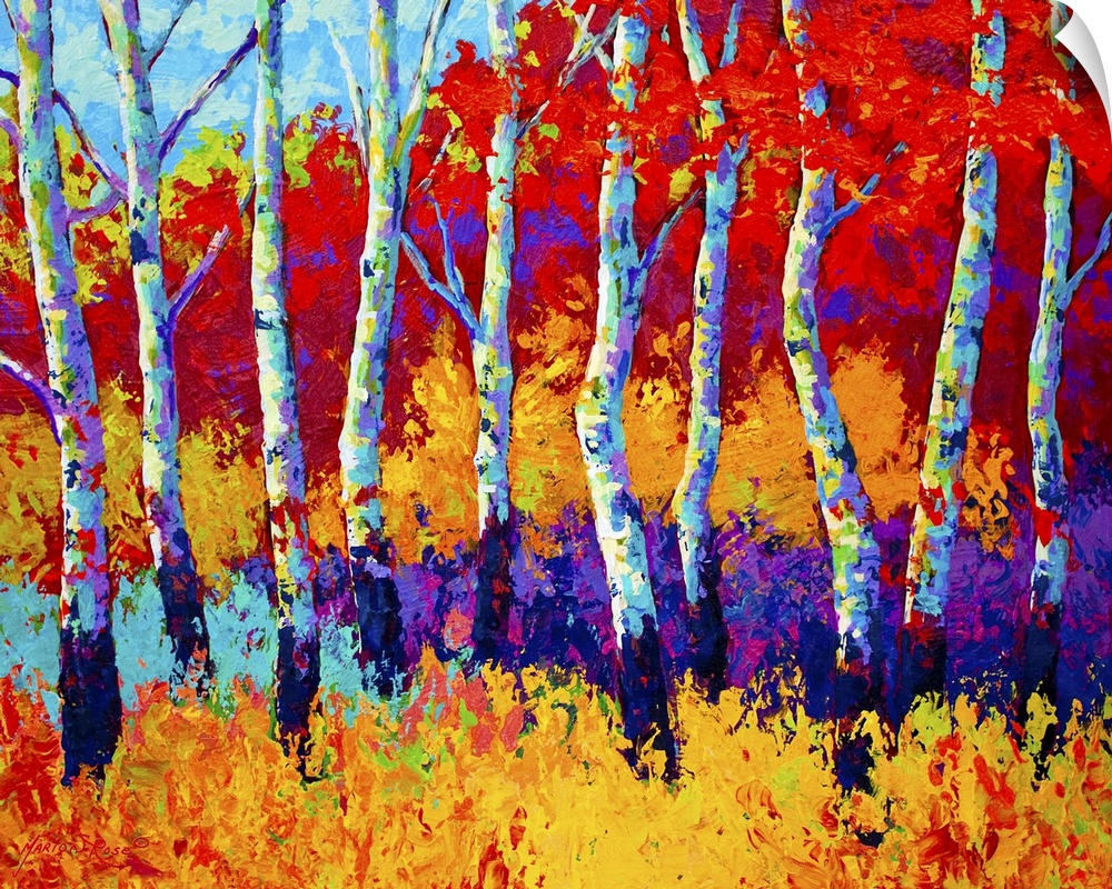Large abstractly painted canvas print of a line of trees with fall foliage in the background.