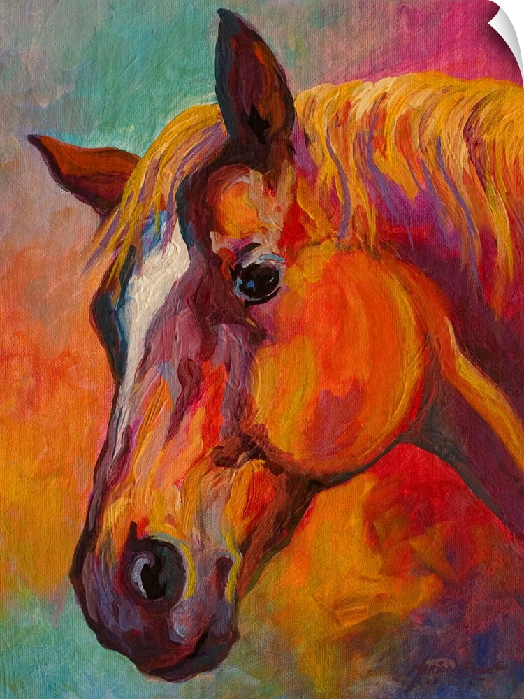 Large, portrait painting of the profile of a horses face.  Painted using thick, heavy brushstrokes and vibrant, warm color...